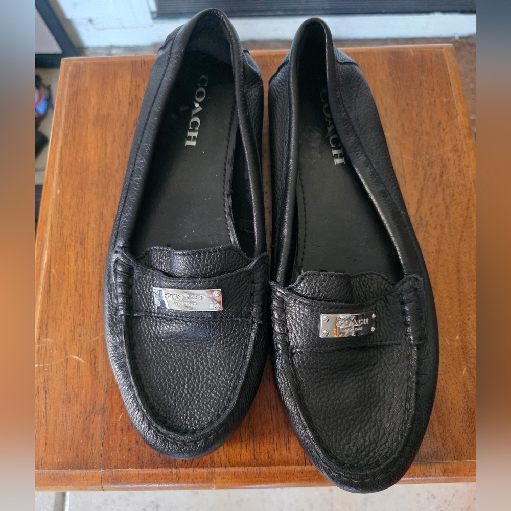 Coach Black Pebbled Leather Penny Loafers with Silver Plate